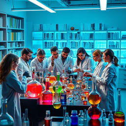 An artistic visualization of organic chemistry, displaying intricate molecular structures and colorful chemical reactions in a modern laboratory setting