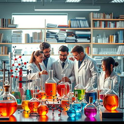 An artistic visualization of organic chemistry, displaying intricate molecular structures and colorful chemical reactions in a modern laboratory setting