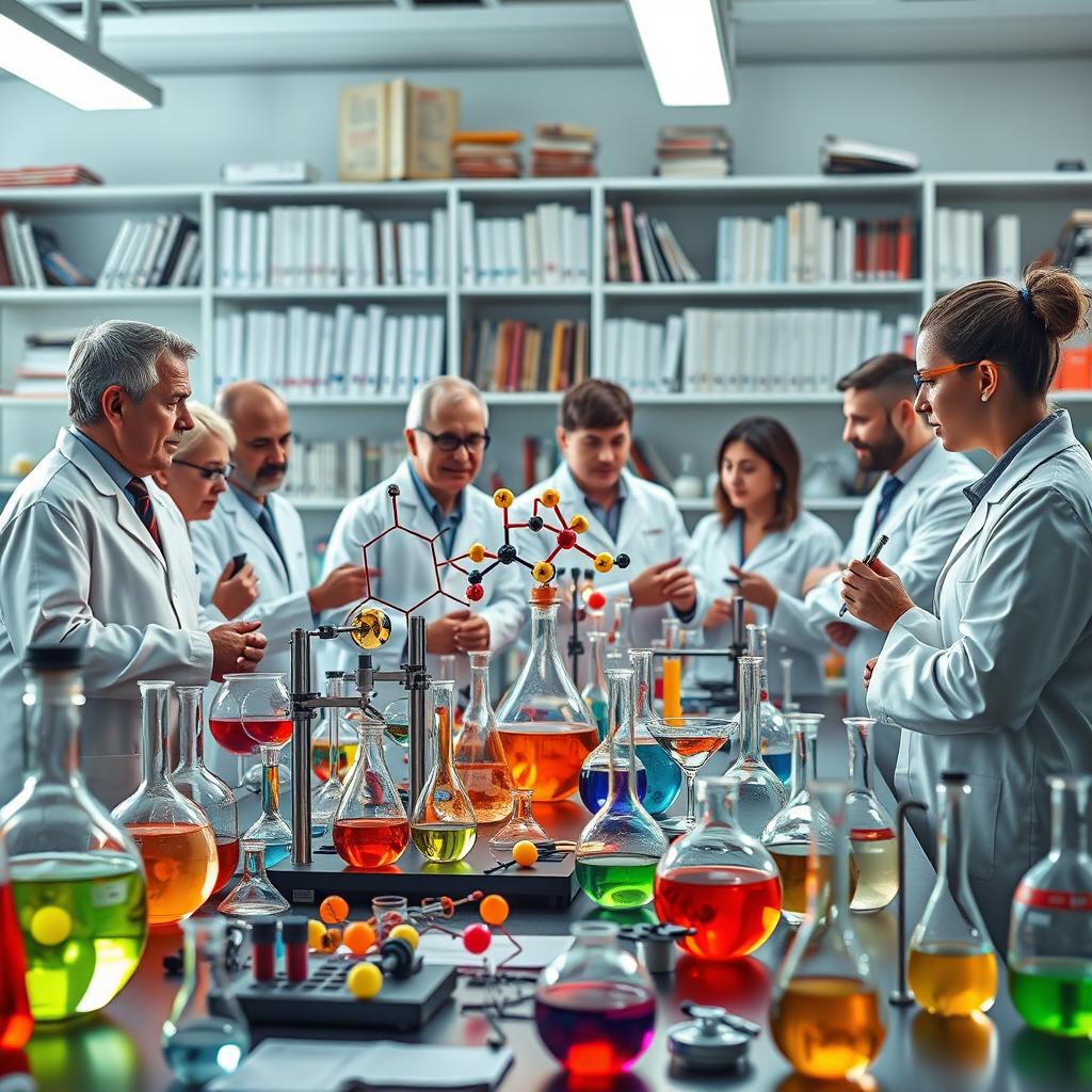 An artistic visualization of organic chemistry, displaying intricate molecular structures and colorful chemical reactions in a modern laboratory setting