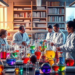 An artistic visualization of organic chemistry, displaying intricate molecular structures and colorful chemical reactions in a modern laboratory setting