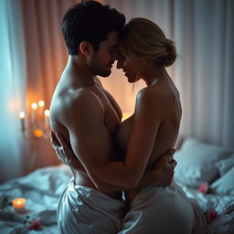 A sensual and artistic representation of a couple embracing passionately in a softly lit room