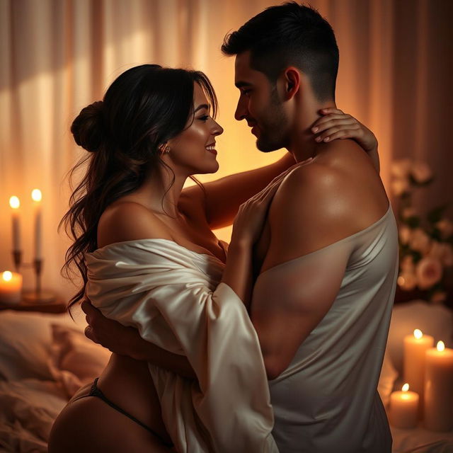 A sensual and artistic representation of a couple embracing passionately in a softly lit room