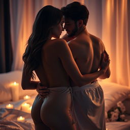 A sensual and artistic representation of a couple embracing passionately in a softly lit room