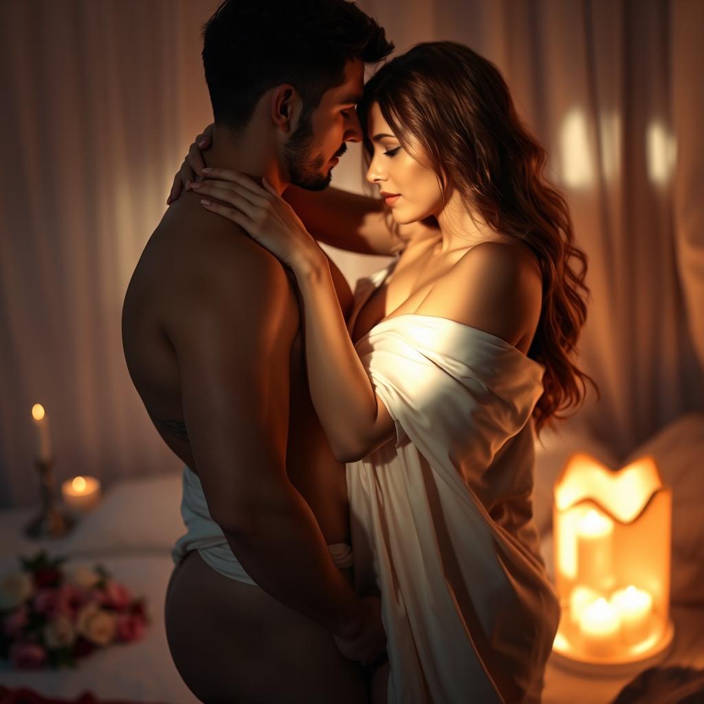 A sensual and artistic representation of a couple embracing passionately in a softly lit room