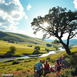 A serene natural landscape reflecting the essence of 'organic' beauty, showcasing lush green fields, a crystal-clear river meandering through the scene, and vibrant wildflowers blooming in a variety of colors
