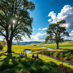 A serene natural landscape reflecting the essence of 'organic' beauty, showcasing lush green fields, a crystal-clear river meandering through the scene, and vibrant wildflowers blooming in a variety of colors