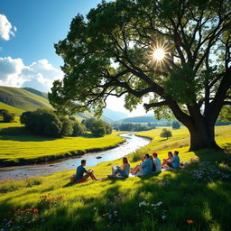 A serene natural landscape reflecting the essence of 'organic' beauty, showcasing lush green fields, a crystal-clear river meandering through the scene, and vibrant wildflowers blooming in a variety of colors