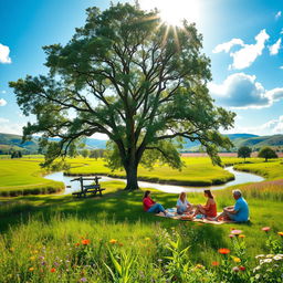 A serene natural landscape reflecting the essence of 'organic' beauty, showcasing lush green fields, a crystal-clear river meandering through the scene, and vibrant wildflowers blooming in a variety of colors