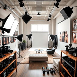 A modern photography studio filled with professional equipment, large softboxes, and various backdrops
