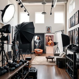 A modern photography studio filled with professional equipment, large softboxes, and various backdrops
