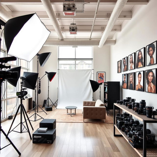 A modern photography studio filled with professional equipment, large softboxes, and various backdrops