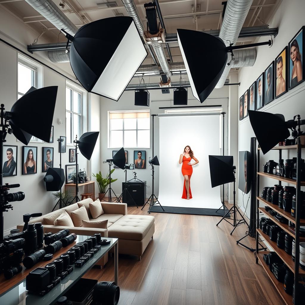 A modern photography studio filled with professional equipment, large softboxes, and various backdrops