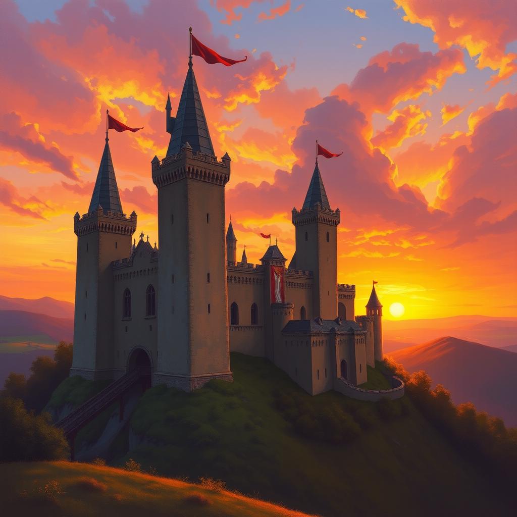 A majestic medieval castle at sunset, surrounded by a vibrant landscape