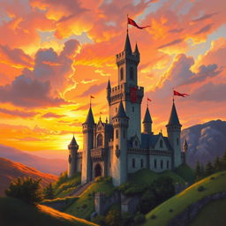 A majestic medieval castle at sunset, surrounded by a vibrant landscape