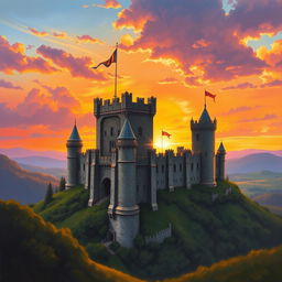 A majestic medieval castle at sunset, surrounded by a vibrant landscape