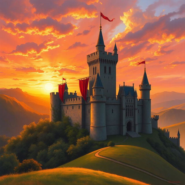 A majestic medieval castle at sunset, surrounded by a vibrant landscape