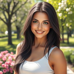 A realistic and detailed portrait of a beautiful woman with long, flowing dark hair, wearing a casual white tank top
