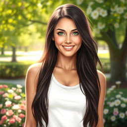 A realistic and detailed portrait of a beautiful woman with long, flowing dark hair, wearing a casual white tank top