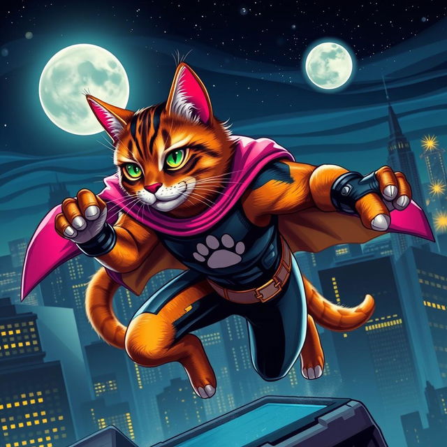 A stunning piece of fan art depicting a fierce and agile cat superhero in a dynamic pose, showcasing the vibrant colors of its fur blending beautifully with a dramatic cityscape in the background