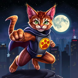 A stunning piece of fan art depicting a fierce and agile cat superhero in a dynamic pose, showcasing the vibrant colors of its fur blending beautifully with a dramatic cityscape in the background