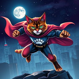 A stunning piece of fan art depicting a fierce and agile cat superhero in a dynamic pose, showcasing the vibrant colors of its fur blending beautifully with a dramatic cityscape in the background