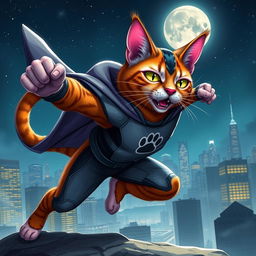 A stunning piece of fan art depicting a fierce and agile cat superhero in a dynamic pose, showcasing the vibrant colors of its fur blending beautifully with a dramatic cityscape in the background