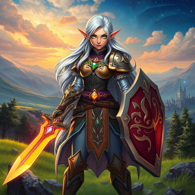 A vibrant and detailed character illustration for a Dungeons and Dragons campaign, featuring a fierce female half-elf warrior standing confidently with a glowing sword in one hand and a shield in the other