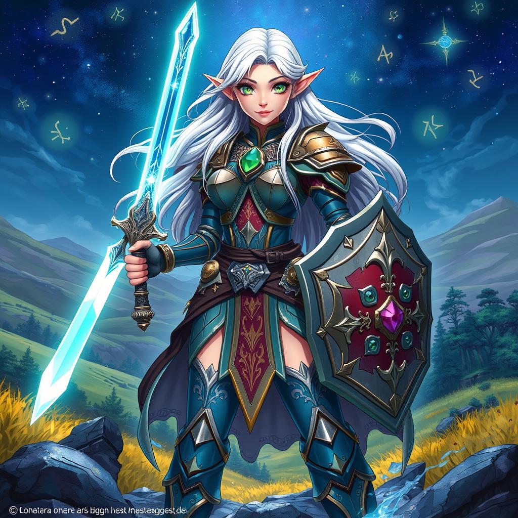 A vibrant and detailed character illustration for a Dungeons and Dragons campaign, featuring a fierce female half-elf warrior standing confidently with a glowing sword in one hand and a shield in the other