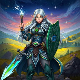 A vibrant and detailed character illustration for a Dungeons and Dragons campaign, featuring a fierce female half-elf warrior standing confidently with a glowing sword in one hand and a shield in the other