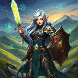 A vibrant and detailed character illustration for a Dungeons and Dragons campaign, featuring a fierce female half-elf warrior standing confidently with a glowing sword in one hand and a shield in the other