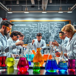 An inspiring scene of a chemistry laboratory in action, showcasing an array of colorful chemical reactions