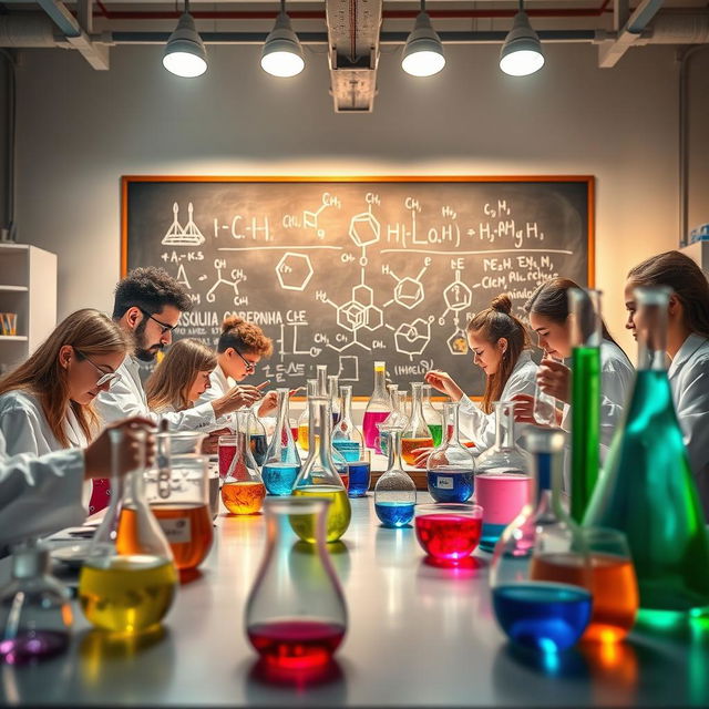 An inspiring scene of a chemistry laboratory in action, showcasing an array of colorful chemical reactions