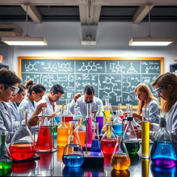 An inspiring scene of a chemistry laboratory in action, showcasing an array of colorful chemical reactions