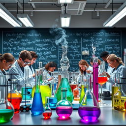 An inspiring scene of a chemistry laboratory in action, showcasing an array of colorful chemical reactions