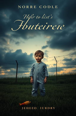 A haunting and evocative book cover design depicting a young boy wearing simple striped pajamas, standing on a grassy landscape that leads to a foreboding barbed wire fence in the background
