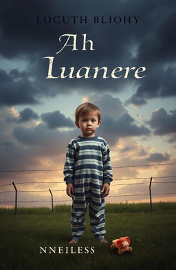 A haunting and evocative book cover design depicting a young boy wearing simple striped pajamas, standing on a grassy landscape that leads to a foreboding barbed wire fence in the background
