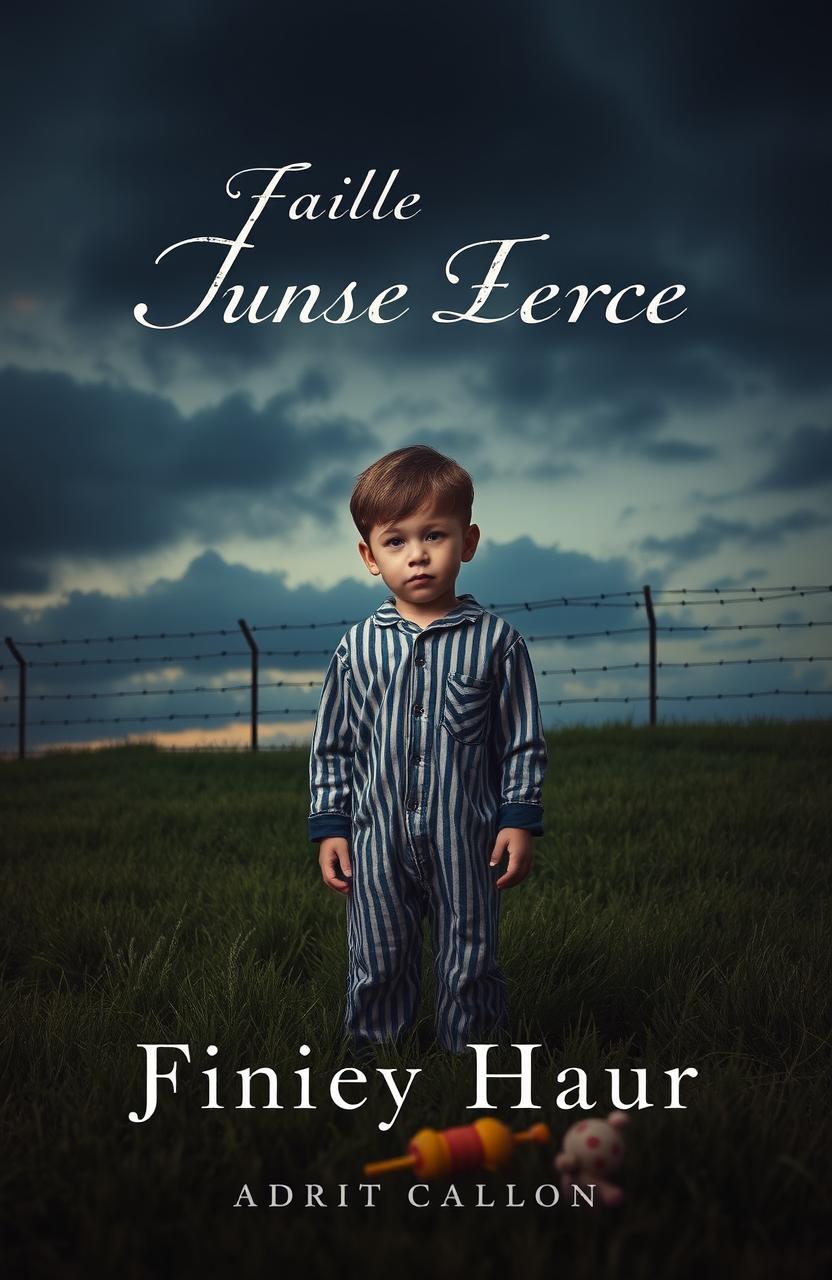 A haunting and evocative book cover design depicting a young boy wearing simple striped pajamas, standing on a grassy landscape that leads to a foreboding barbed wire fence in the background