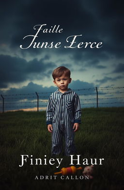 A haunting and evocative book cover design depicting a young boy wearing simple striped pajamas, standing on a grassy landscape that leads to a foreboding barbed wire fence in the background