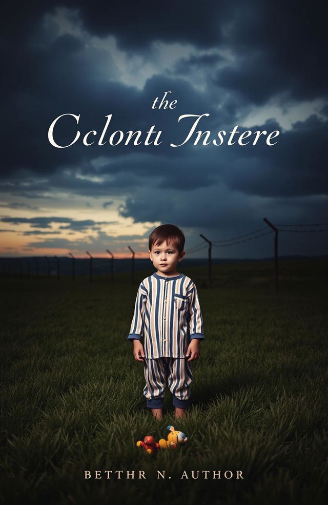 A haunting and evocative book cover design depicting a young boy wearing simple striped pajamas, standing on a grassy landscape that leads to a foreboding barbed wire fence in the background