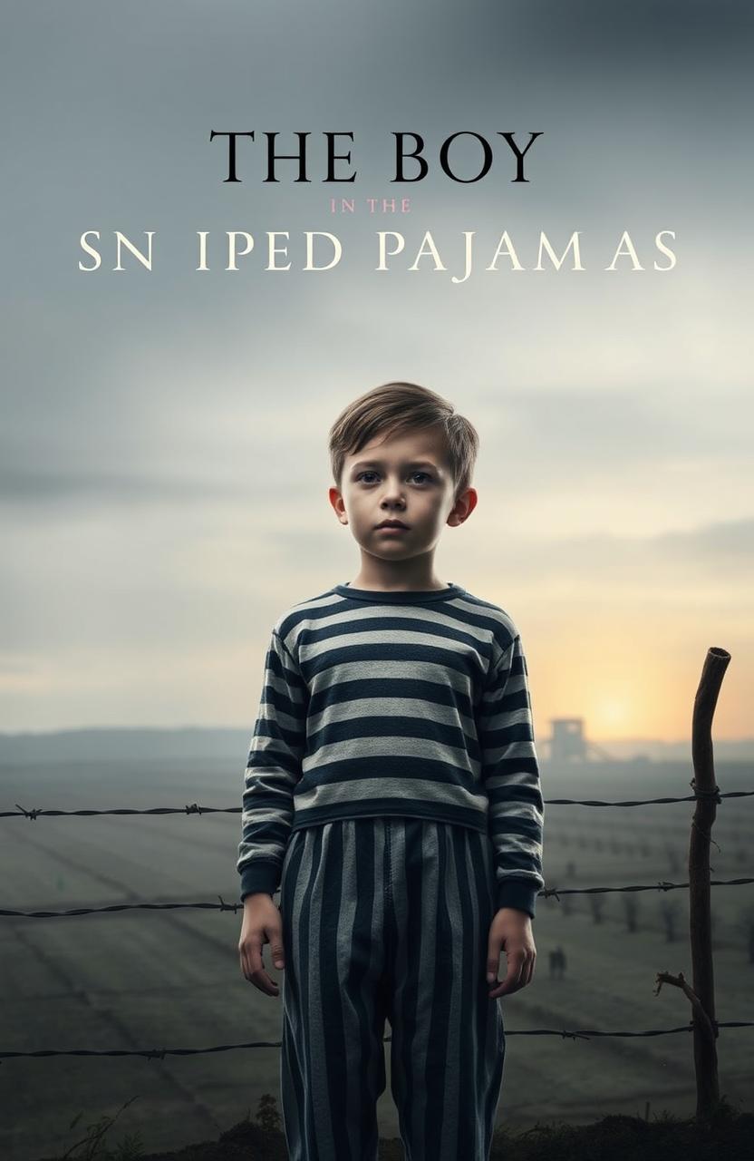 A dramatic and emotional book cover design for 'The Boy in the Striped Pajamas'