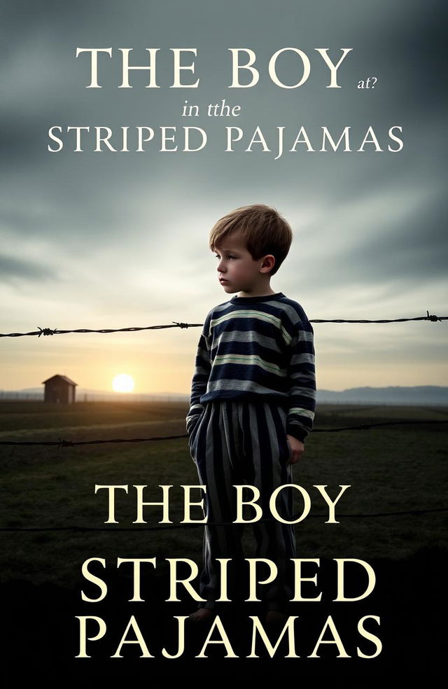 A dramatic and emotional book cover design for 'The Boy in the Striped Pajamas'