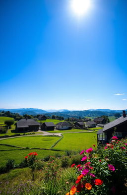 A serene rural village under a vast blue sky, featuring traditional houses, lush green fields, vibrant flowers, and distant hills