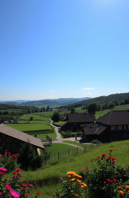 A serene rural village under a vast blue sky, featuring traditional houses, lush green fields, vibrant flowers, and distant hills