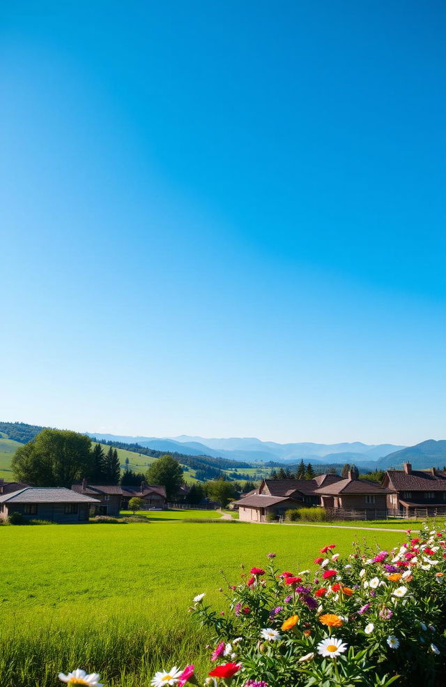 A serene rural village under a vast blue sky, featuring traditional houses, lush green fields, vibrant flowers, and distant hills