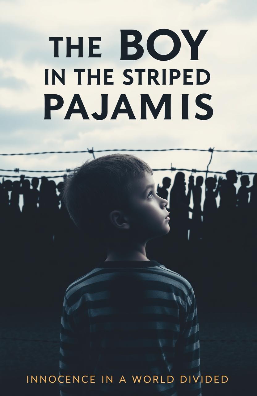 A poignant and thought-provoking book cover for 'The Boy in the Striped Pajamas', featuring a young boy with a somber expression wearing distinctive striped pajamas