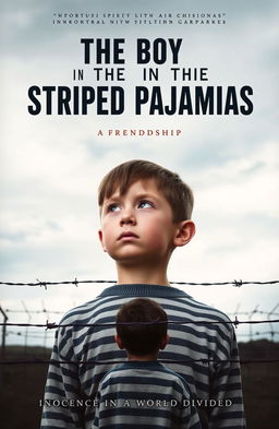 A poignant and thought-provoking book cover for 'The Boy in the Striped Pajamas', featuring a young boy with a somber expression wearing distinctive striped pajamas