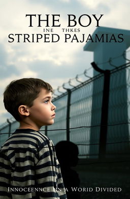 A poignant and thought-provoking book cover for 'The Boy in the Striped Pajamas', featuring a young boy with a somber expression wearing distinctive striped pajamas