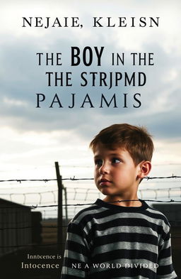 A poignant and thought-provoking book cover for 'The Boy in the Striped Pajamas', featuring a young boy with a somber expression wearing distinctive striped pajamas