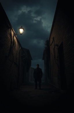 A simple and dark cinematic scene, featuring shadows and muted colors, encapsulating an atmosphere of mystery and tension