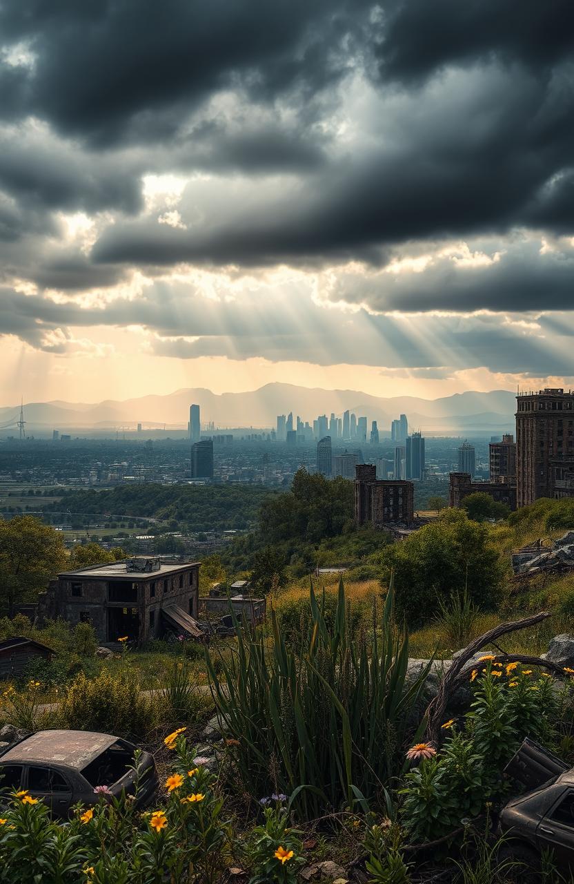 A stunning, post-apocalyptic landscape showcasing a desolate city skyline with crumbling buildings and overgrown vegetation